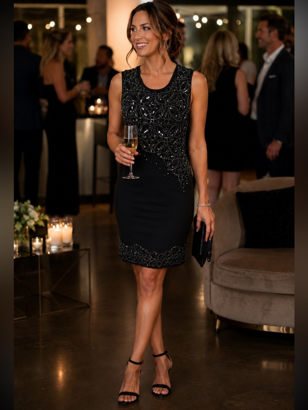 Jenni Kayne Black Embellished Sequin Beaded Sleeveless Flashy Party Dress Sz M